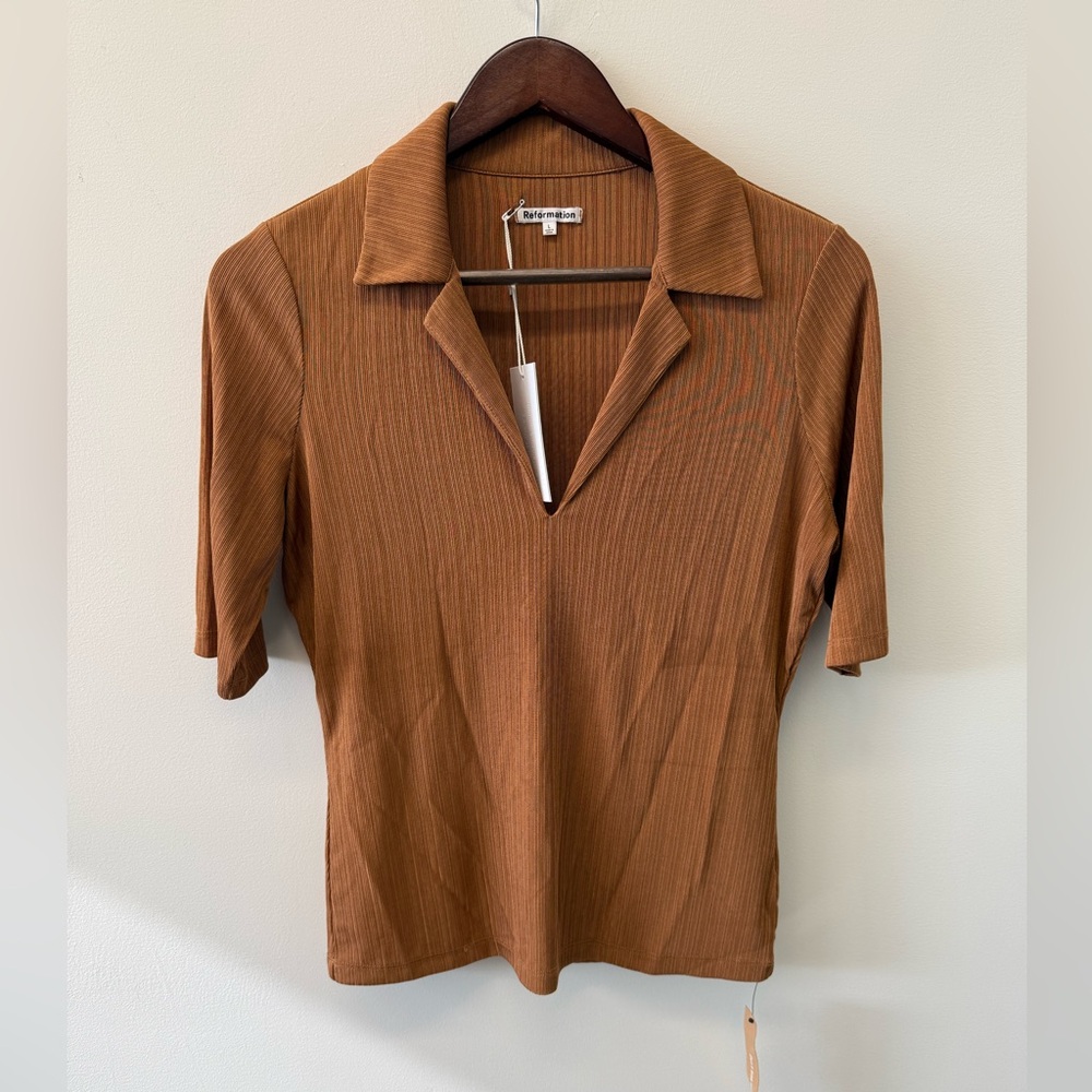 Reformation Thomas Knit Polo Top | Mocha Ribbed Short Sleeve | NWT Size